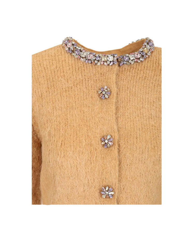 Brown Embellished Trim Cardigan