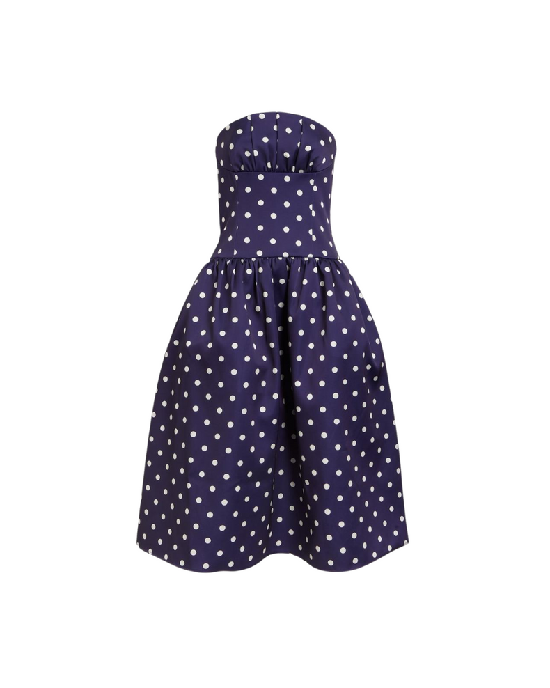 Navy Polka Dot Satin Midi Dress