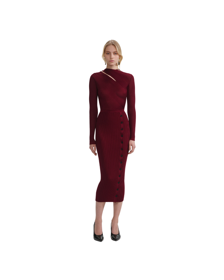 Burgundy Cut Out Rib Knit Midi Dress