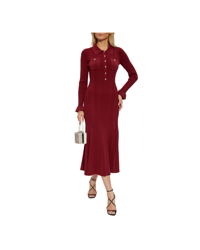 Burgundy Ribbed Knit Midi Dress