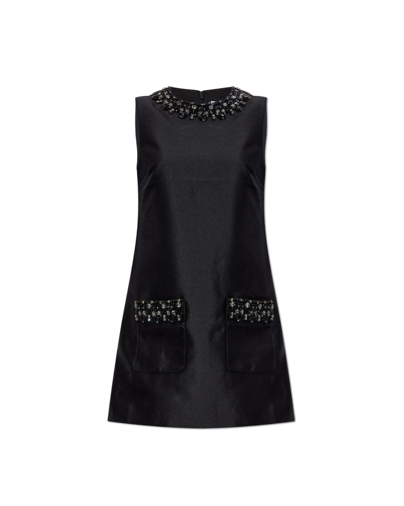 Black Taffeta Embellished Trim Mini Dress