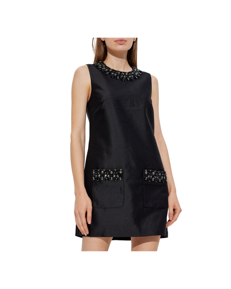 Black Taffeta Embellished Trim Mini Dress