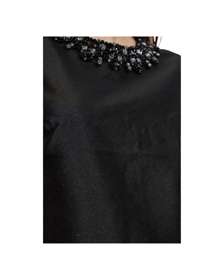 Black Taffeta Embellished Trim Mini Dress