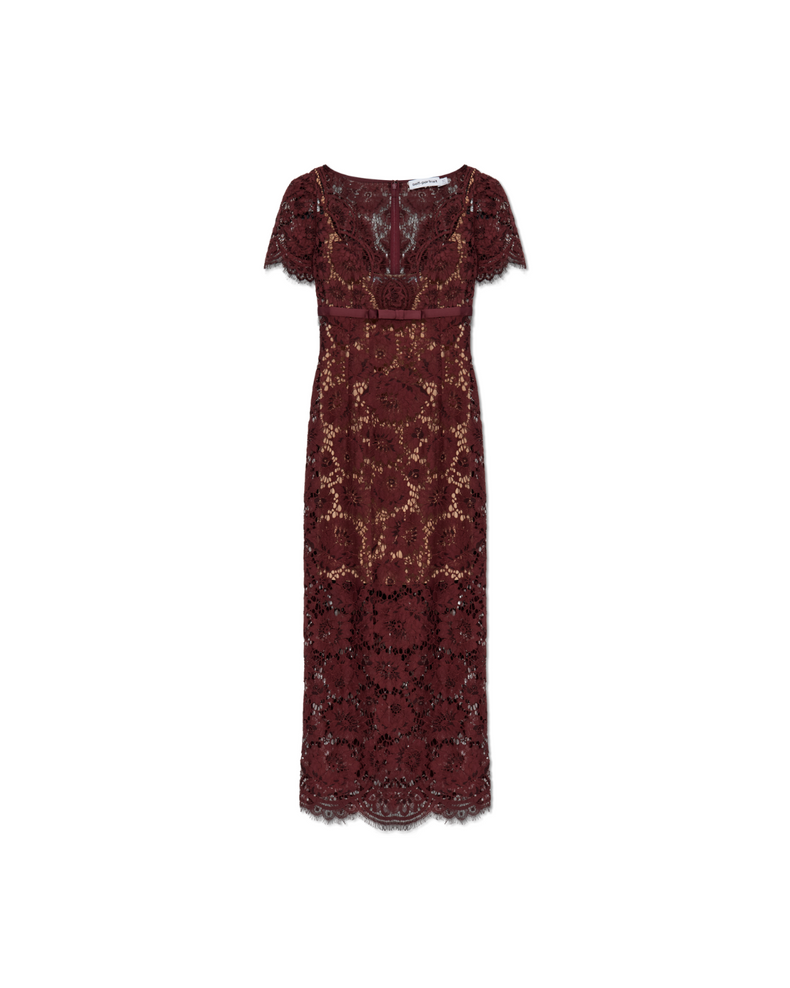 Burgundy Floral Lace Midi Dress