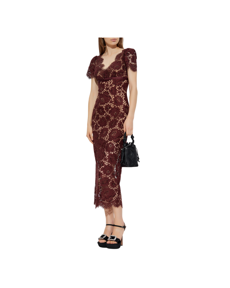 Burgundy Floral Lace Midi Dress
