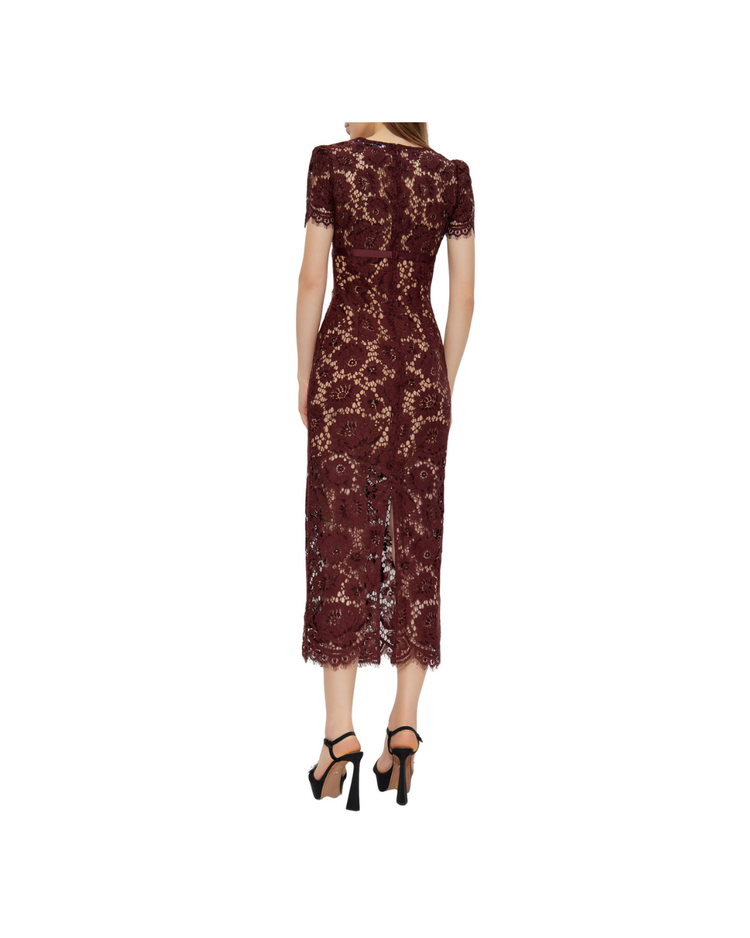 Burgundy Floral Lace Midi Dress