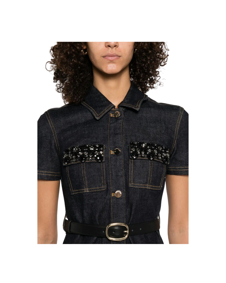 Indigo Denim Crystal Trim Mini Dress