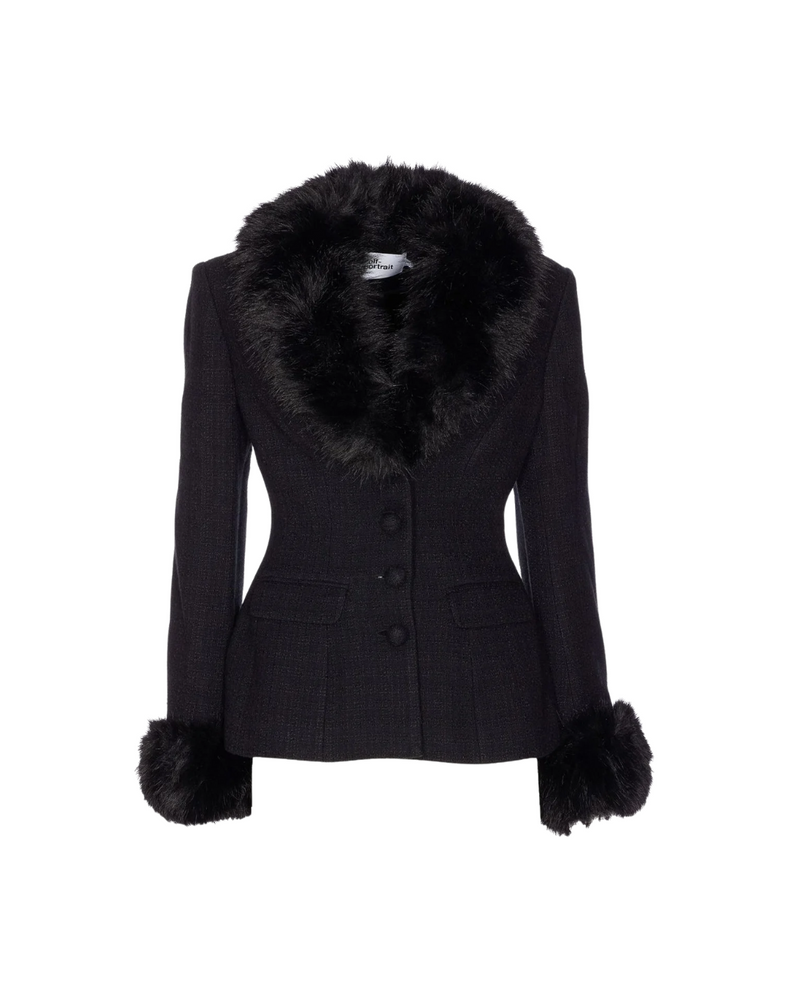 Black Tailored Boucle Fur Jacket