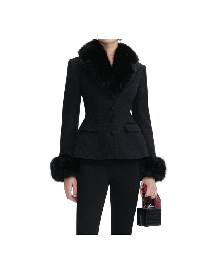 Black Tailored Boucle Fur Jacket