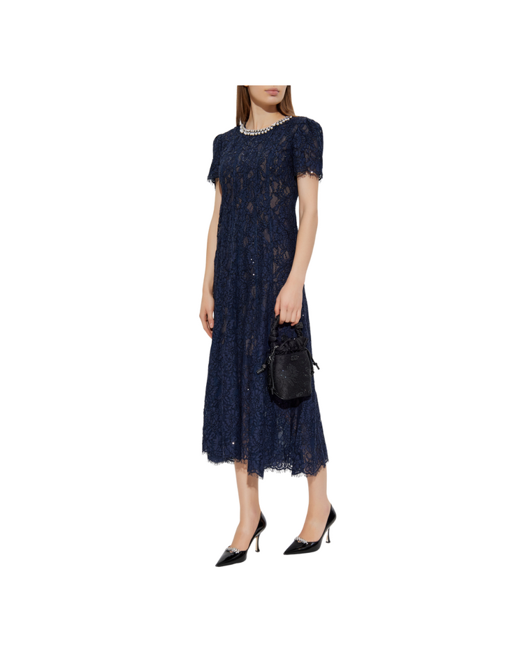 Navy Lace Embellished Midi Dress