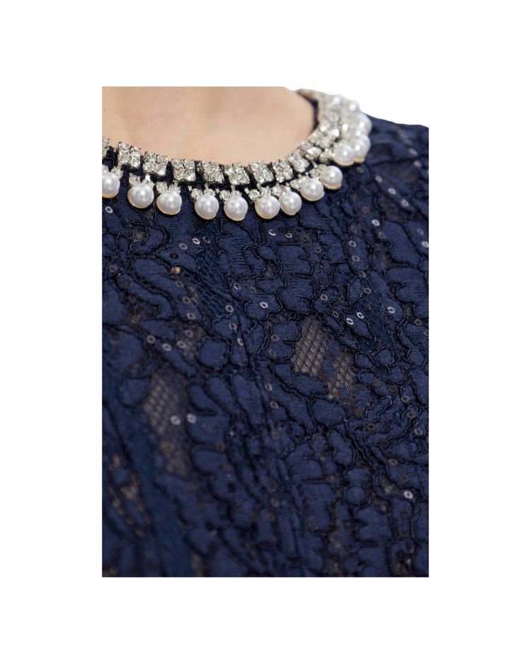 Navy Lace Embellished Midi Dress
