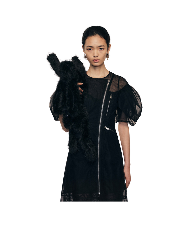 Sheer Sculpted Petal Sleeve Biker Dress