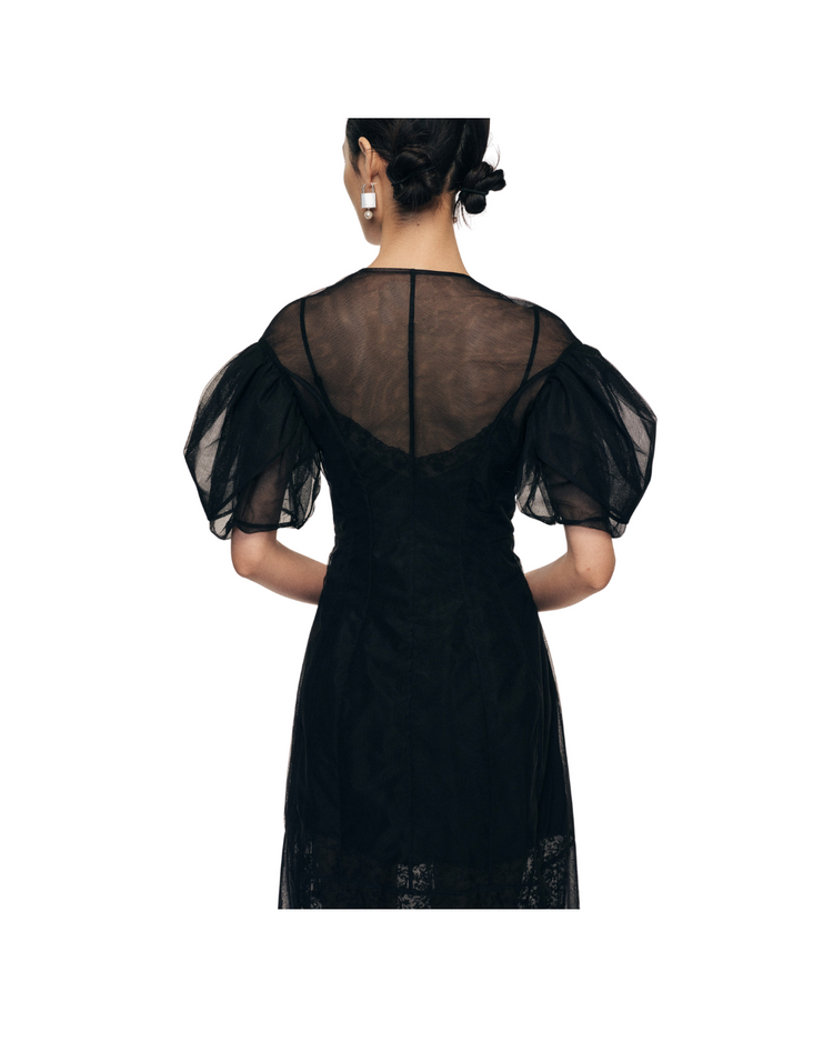 Sheer Sculpted Petal Sleeve Biker Dress