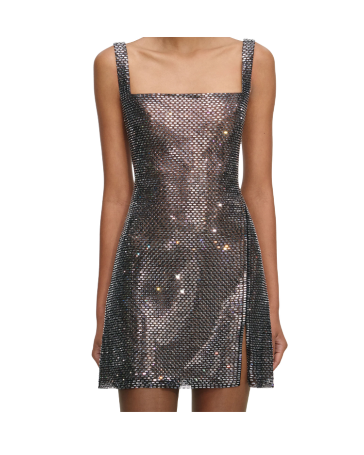 Gunmetal Rhinestone Mesh Mini Dress