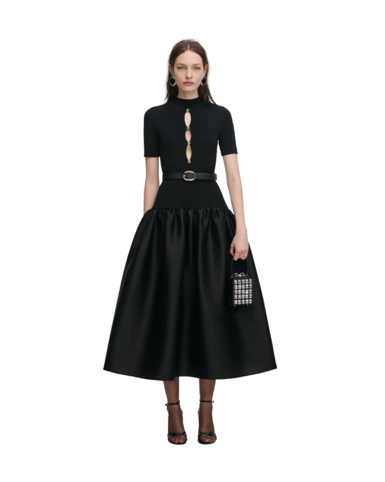 Black Knit Taffeta Midi Dress