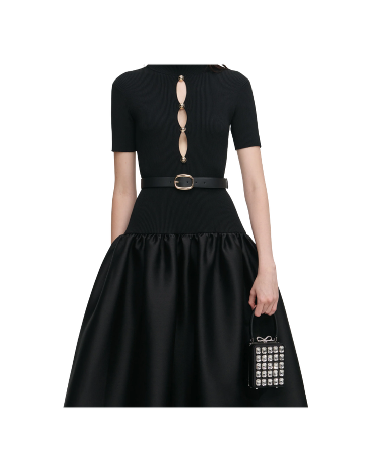 Black Knit Taffeta Midi Dress