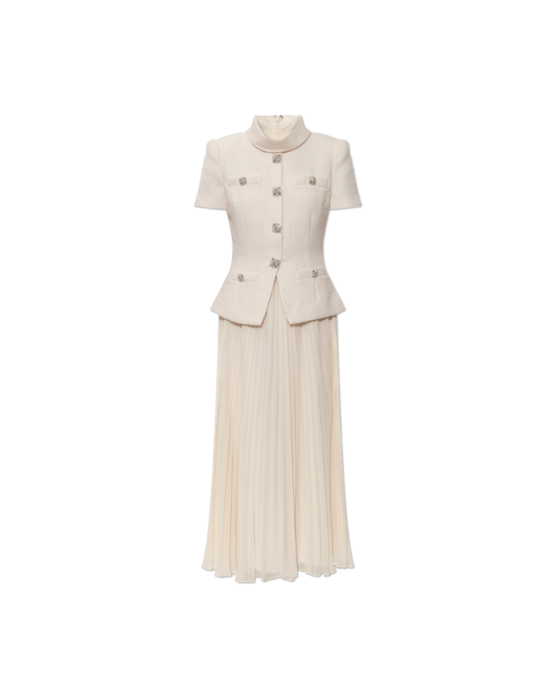 Cream Boucle Collared Midi Dress