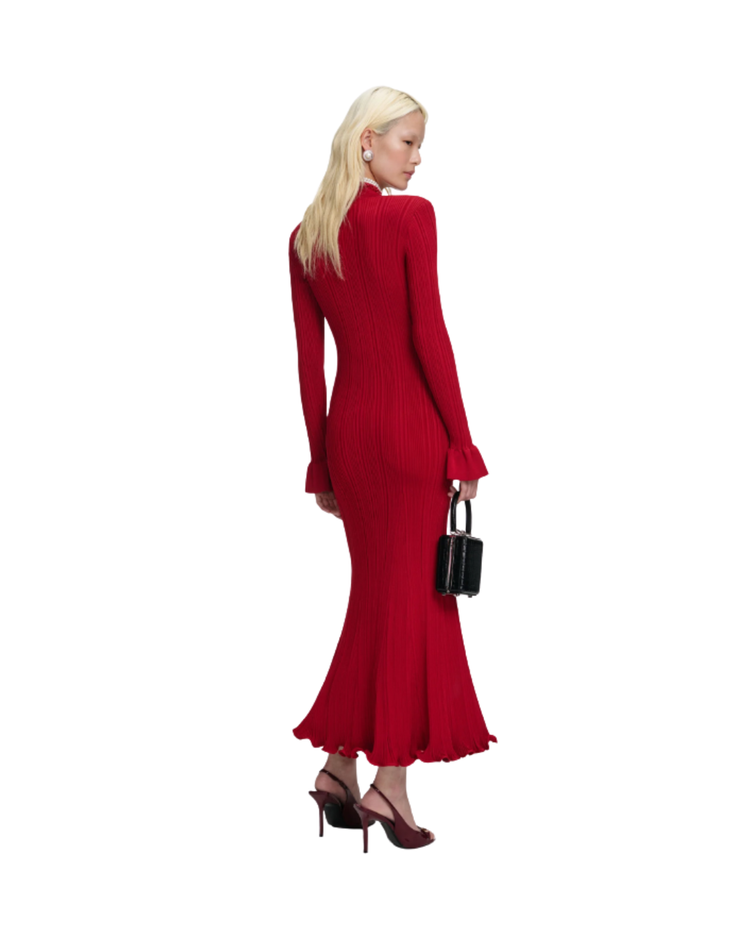 Red Pearl Trim Knit Midi Dress