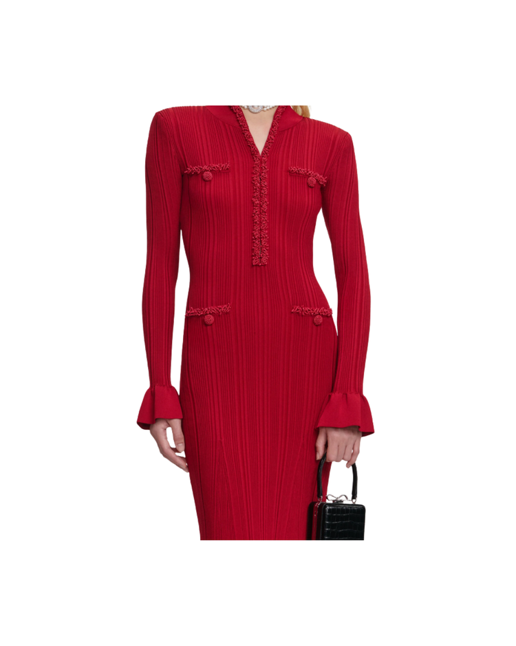 Red Pearl Trim Knit Midi Dress
