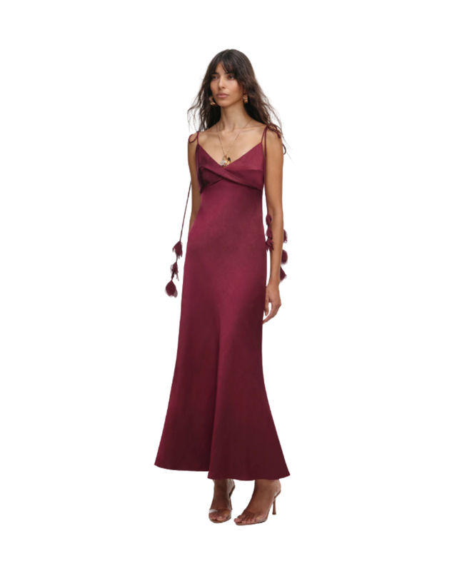 Burgundy Satin Flower Midi Dress