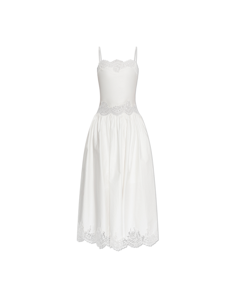 White Cotton Lace Trim Midi Dress