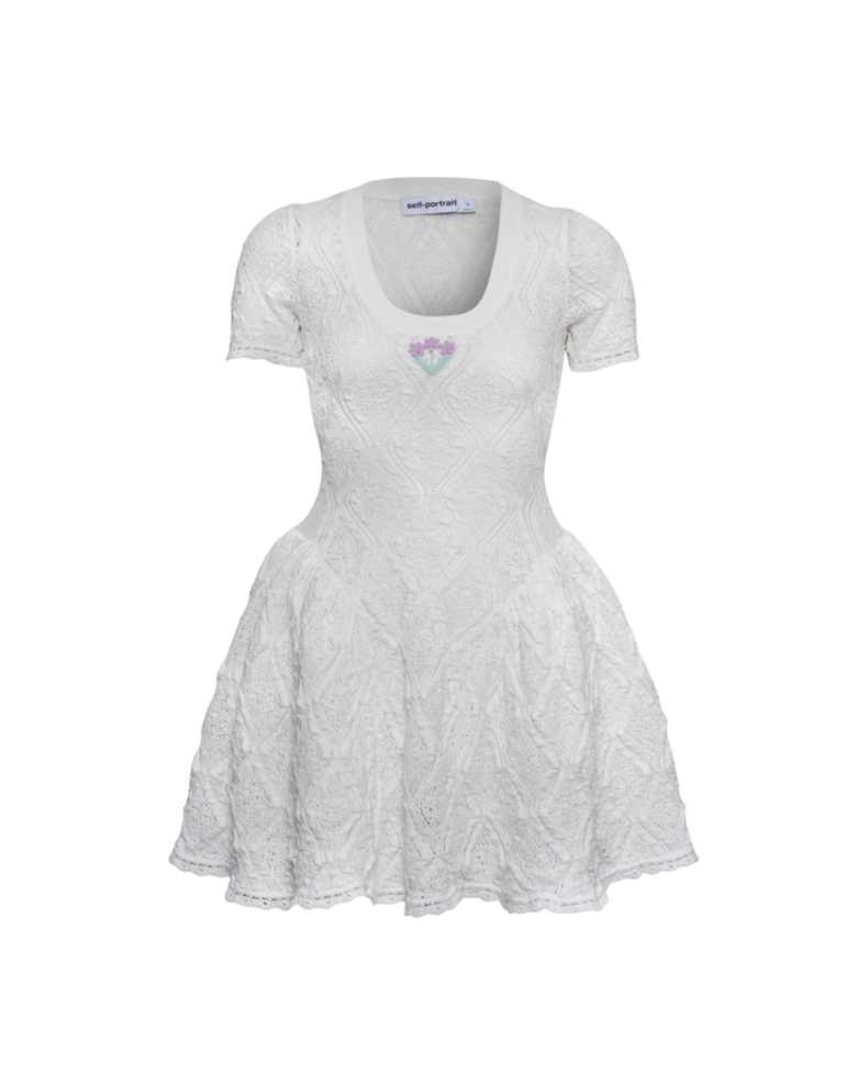 White Pointelle Knit Flared Mini Dress