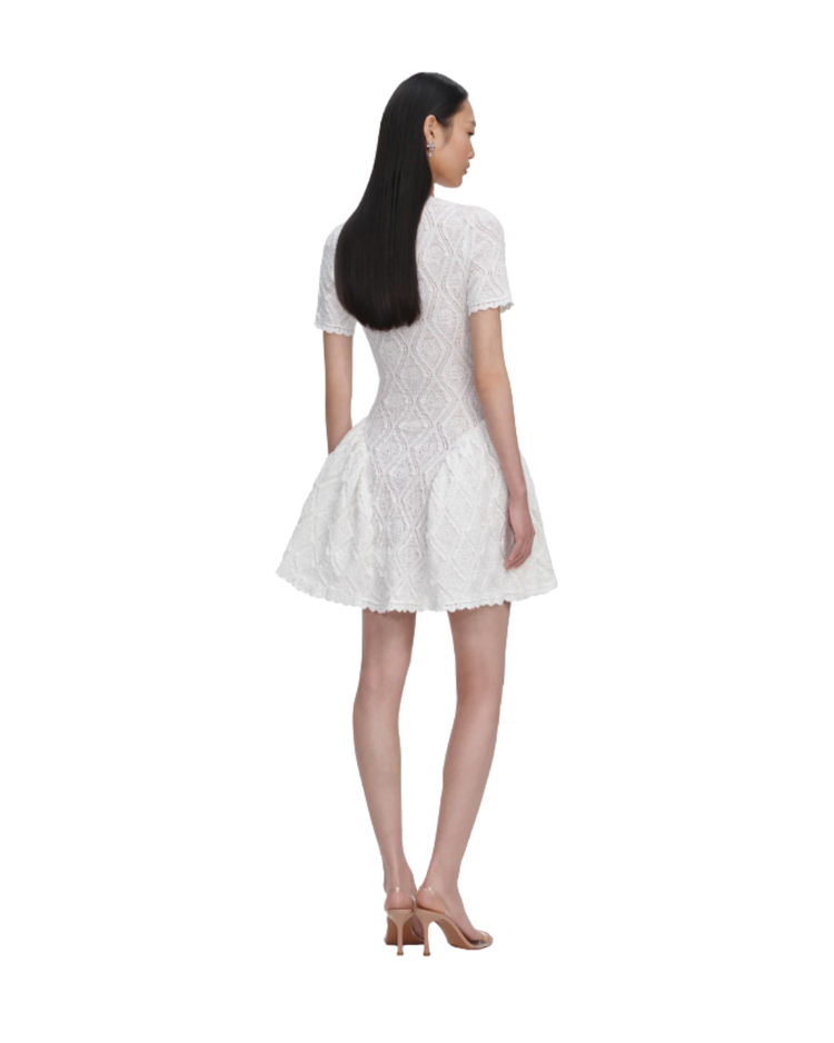 White Pointelle Knit Flared Mini Dress