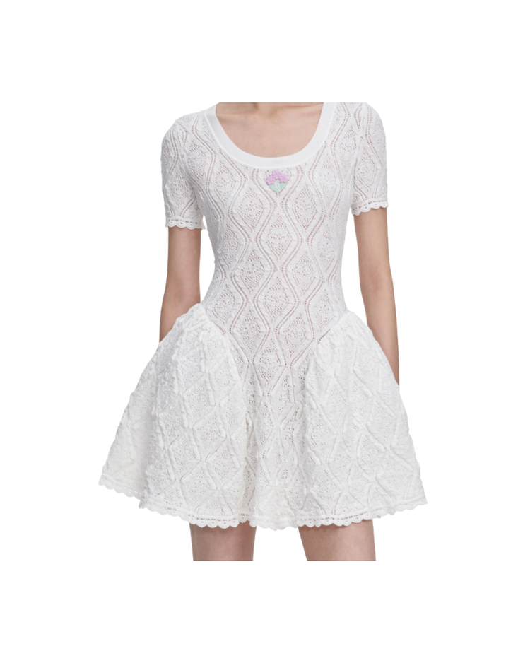 White Pointelle Knit Flared Mini Dress