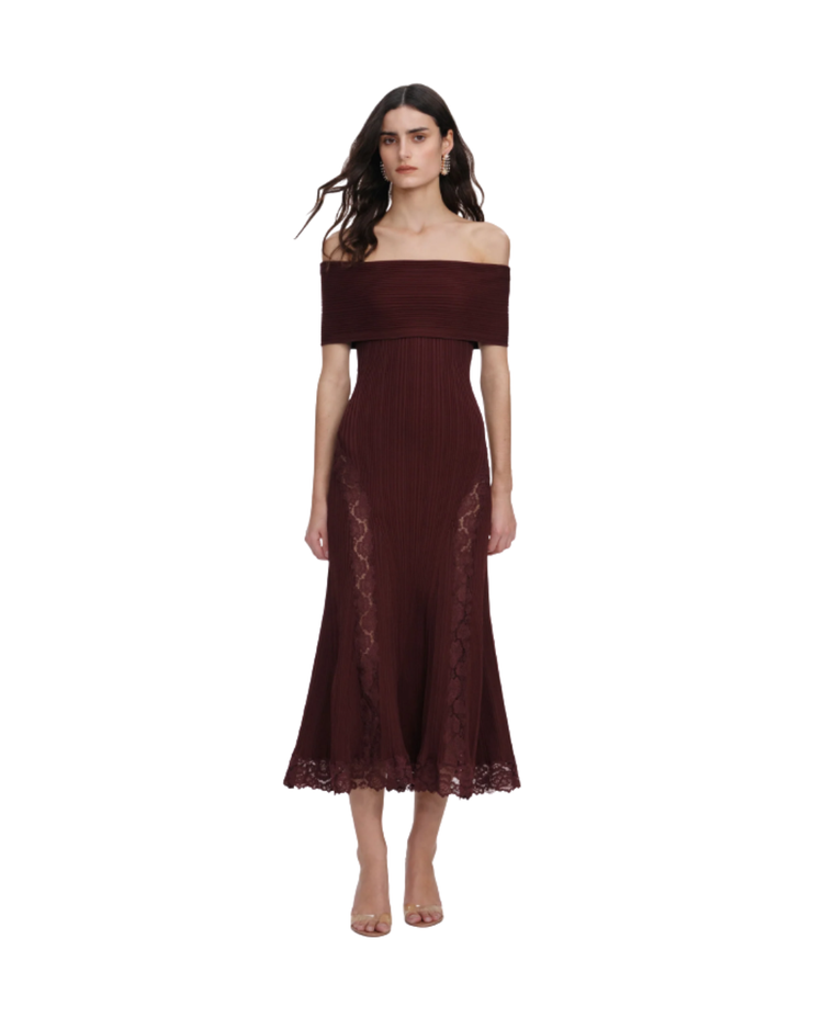 Burgundy Knit Lace Insert Midi Dress