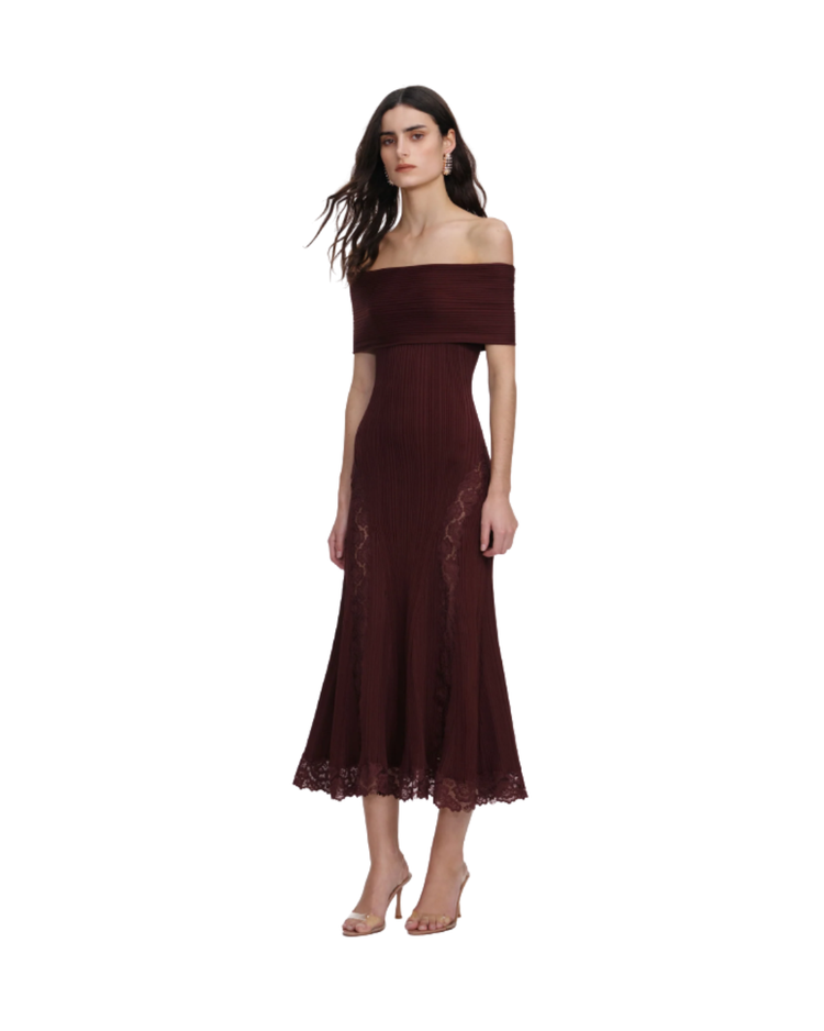 Burgundy Knit Lace Insert Midi Dress