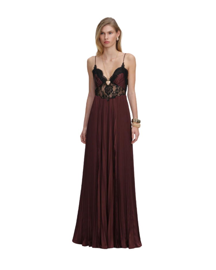 Brown Satin Lace Insert Maxi Dress