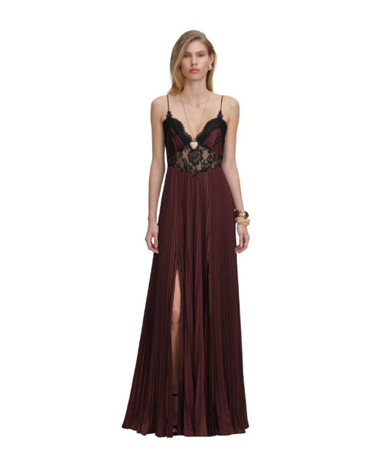Brown Satin Lace Insert Maxi Dress