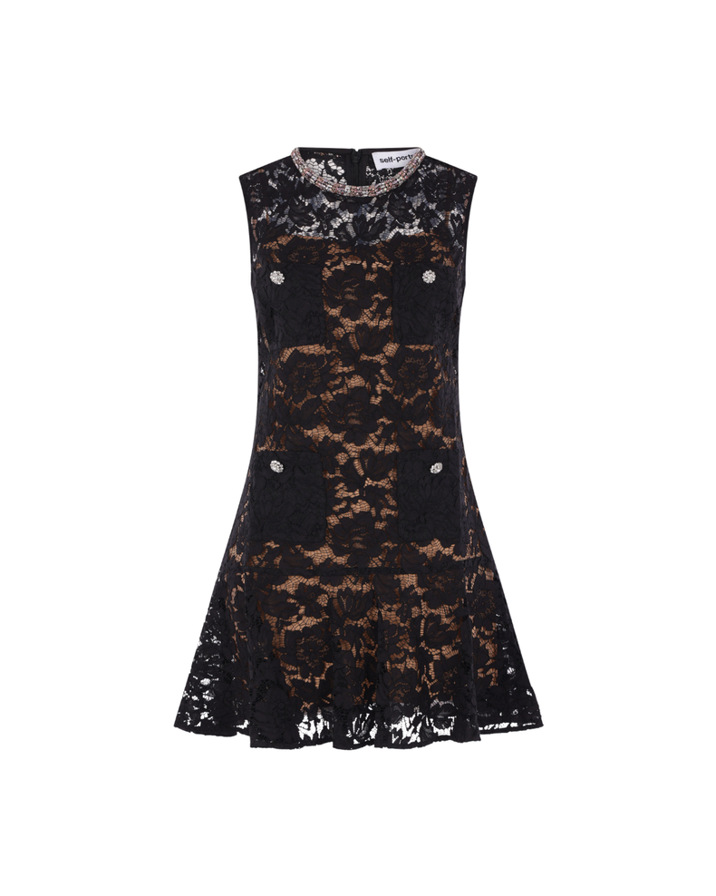 Black Lace Crystal Mini Dress