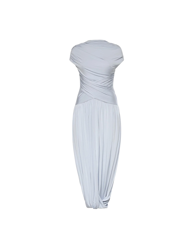 Blue Jersey Gathered Midi Dress