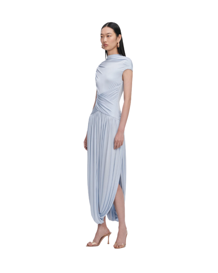 Blue Jersey Gathered Midi Dress
