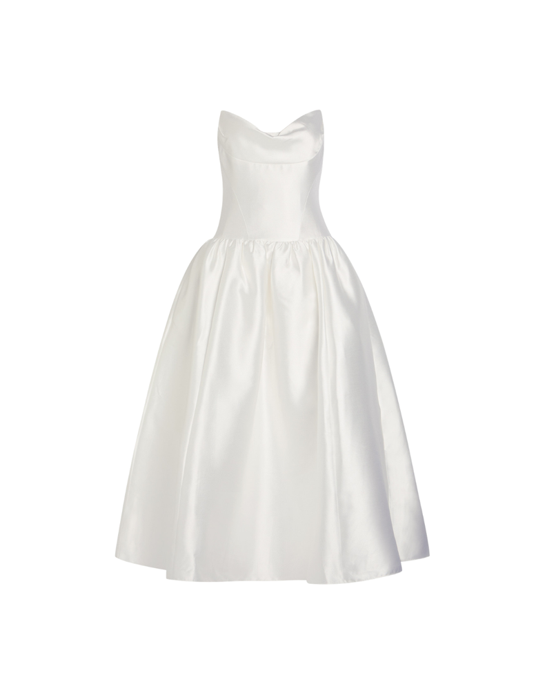 White Taffeta Strapless Midi Dress