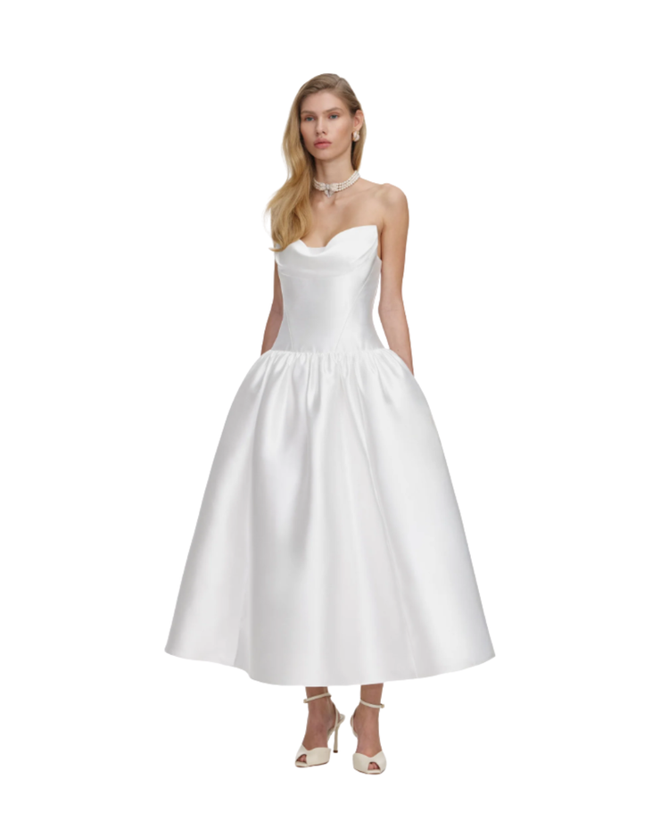 White Taffeta Strapless Midi Dress