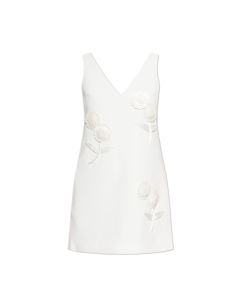 White Crepe Embellished Flower Mini Dress