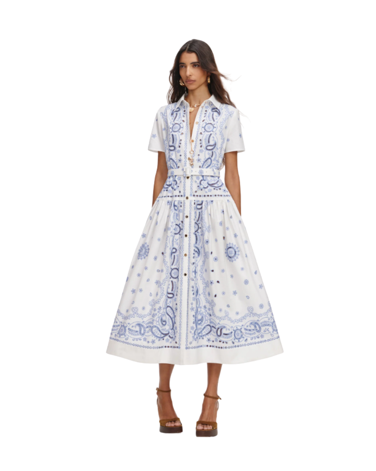 White And Blue Embroidered Midi Dress