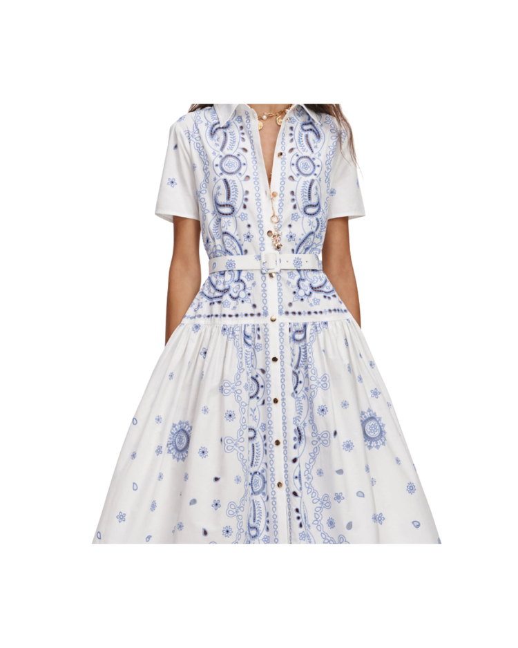 White And Blue Embroidered Midi Dress