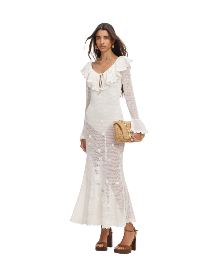 White Floral Crochet Midi Dress