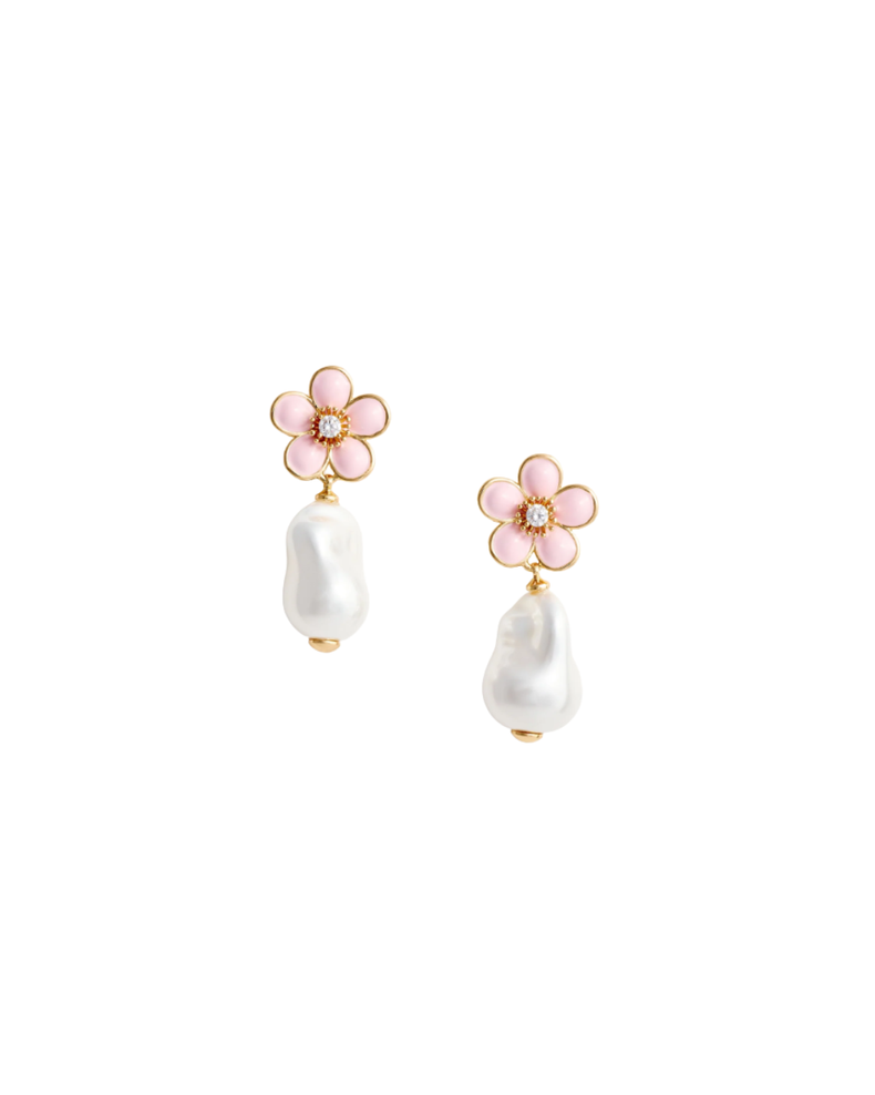 Pink Flower Pearl Drop Earrings