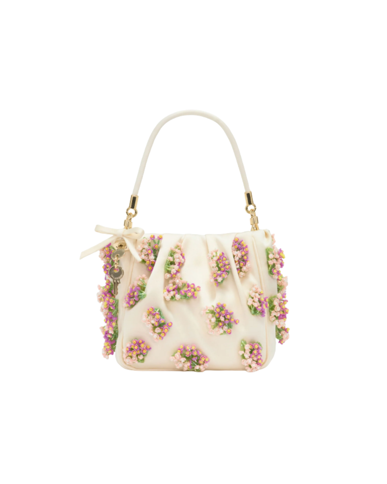 Cream Satin Floral Beaded Tote Bag