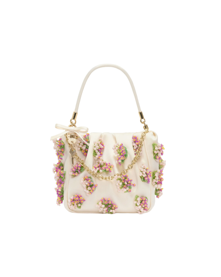 Cream Satin Floral Beaded Tote Bag