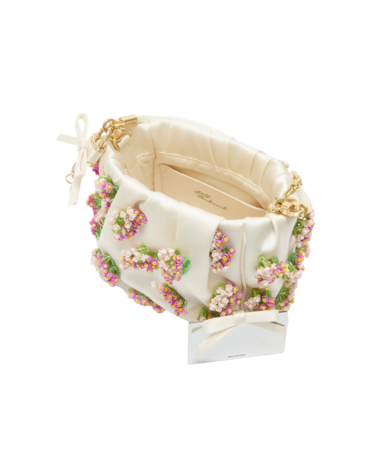 Cream Satin Floral Beaded Tote Bag