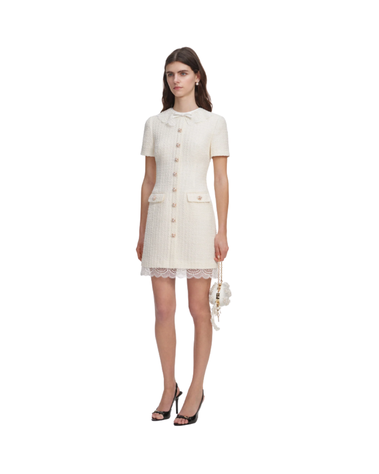 Cream Boucle Lace Trim Tailored Mini Dress