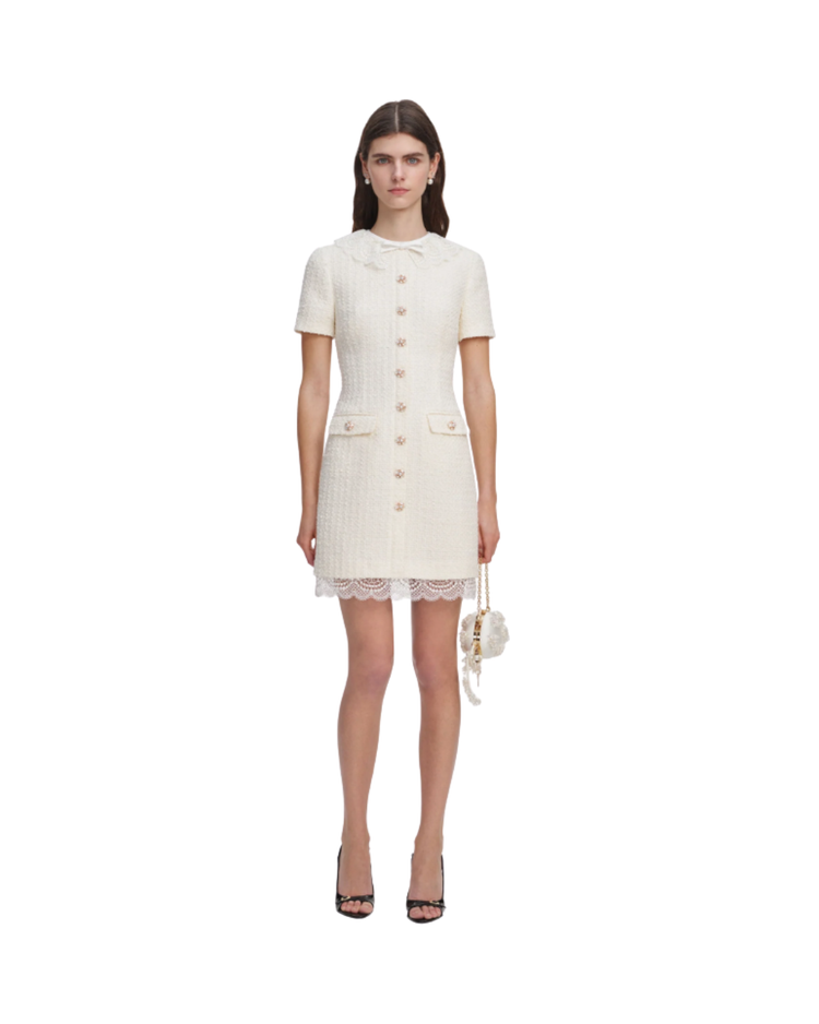 Cream Boucle Lace Trim Tailored Mini Dress