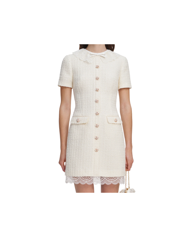 Cream Boucle Lace Trim Tailored Mini Dress