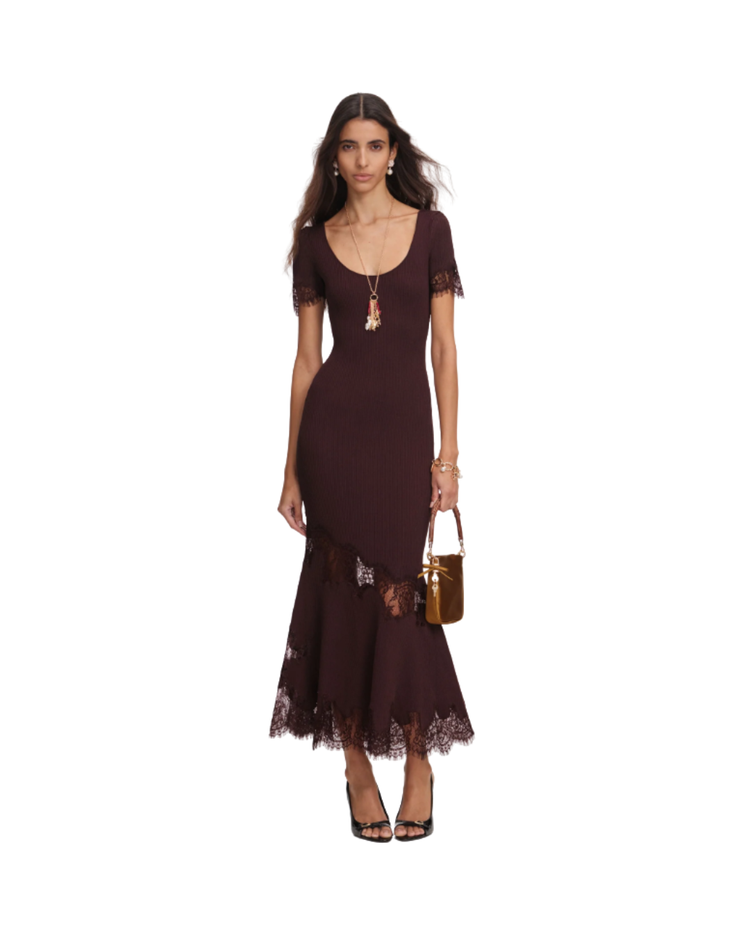 Brown Ribbed Knit Midi Dress