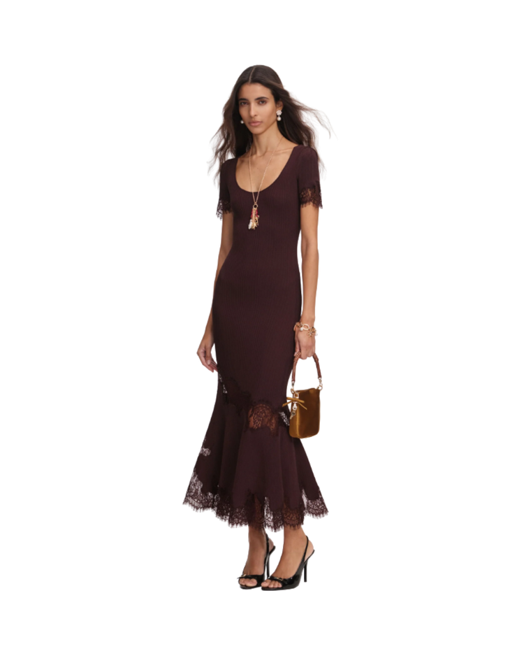 Brown Ribbed Knit Midi Dress